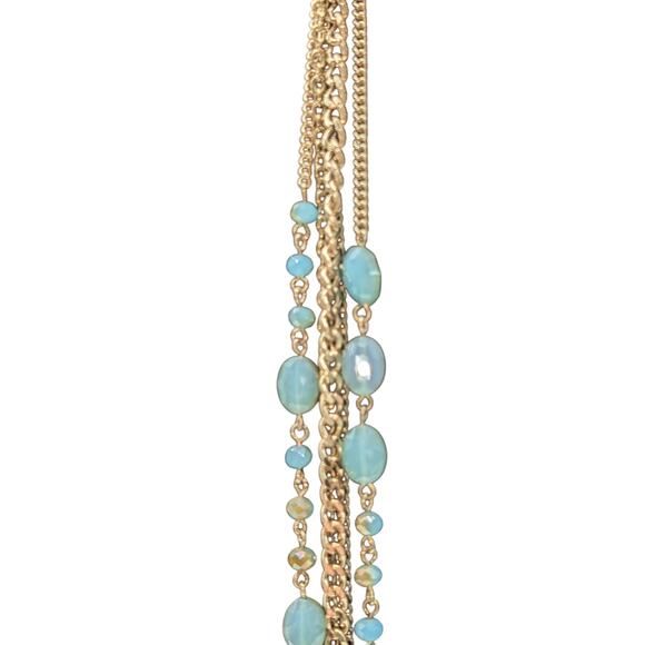 Lot of Two Gold Tone Necklaces Multi Strand Gold Tone Blue Gilded Bead & Druzy - Picture 5 of 7